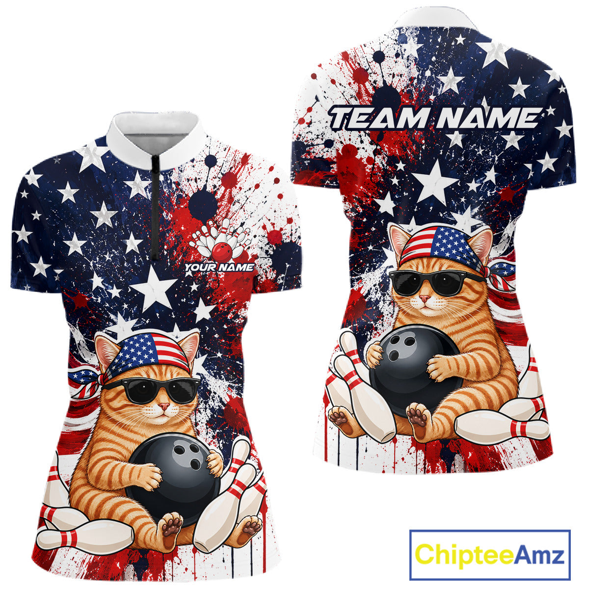 Bowling jersey with a cat design, American flag pattern, and 'Team Name' text on a white background.