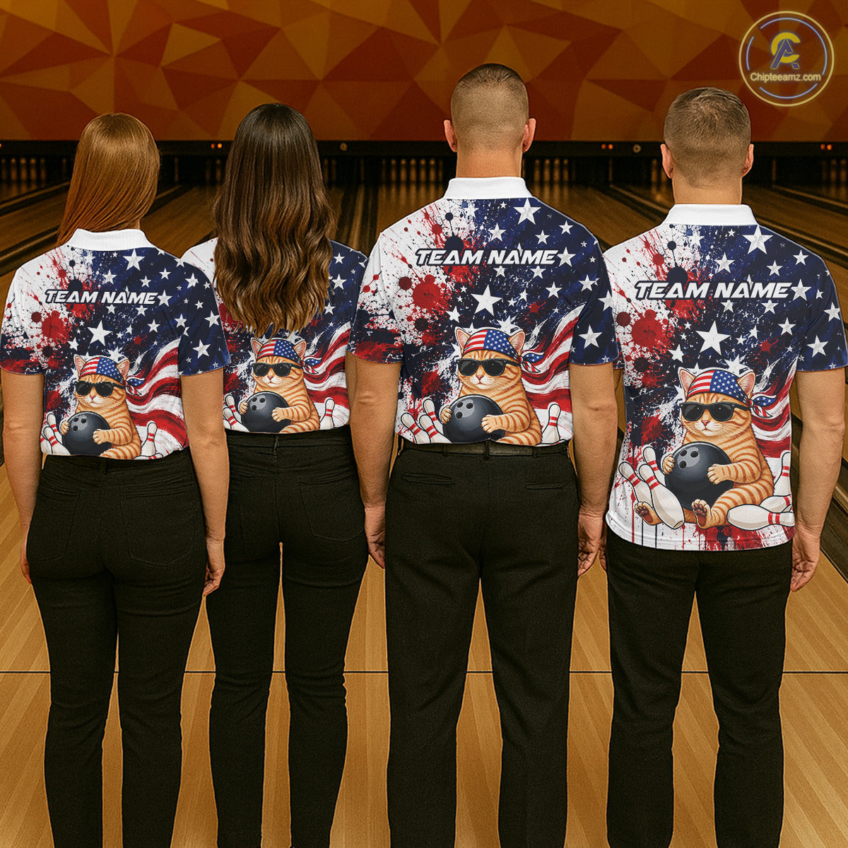 Four people wearing matching bowling shirts with a patriotic design on a bowling alley.