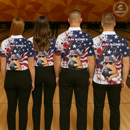Four people wearing matching bowling shirts with a patriotic design on a bowling alley.