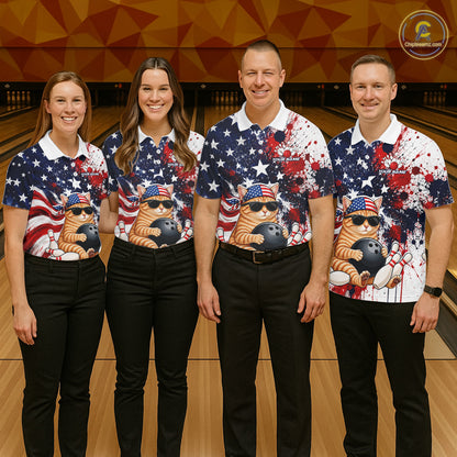 Four people wearing matching American flag-themed shirts with a cartoon character in a bowling alley.