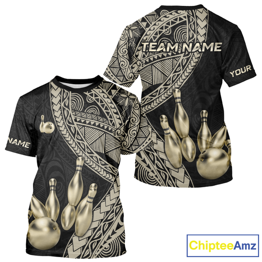 Bowling-themed t-shirt with tribal design and customizable text on a white background