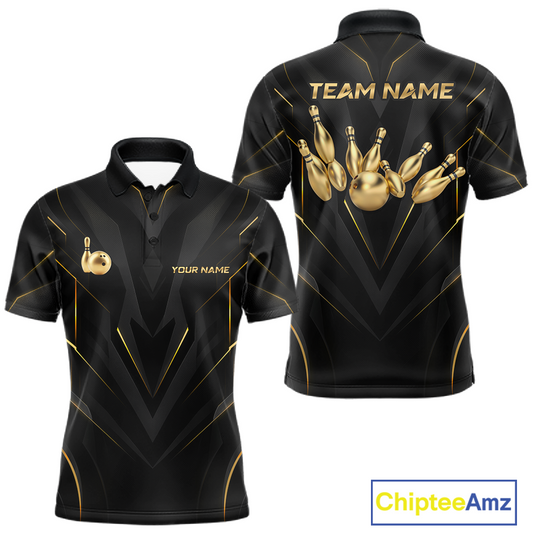 Front and back views of a sleek black bowling polo shirt with gold geometric accents, featuring custom “TEAM NAME” and “YOUR NAME” text alongside metallic gold bowling pin graphics.