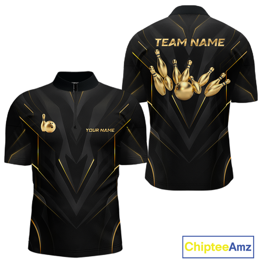 Front and back views of a sleek black bowling quarter zip shirt with gold geometric accents, featuring custom “TEAM NAME” and “YOUR NAME” text alongside metallic gold bowling pin graphics.