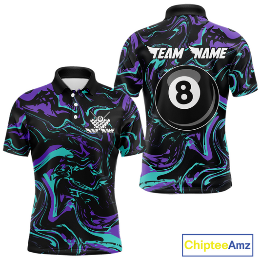 Front and back views of a men’s black billiards polo with purple and teal marble patterns, custom team text, and a large 8-ball graphic on the back.