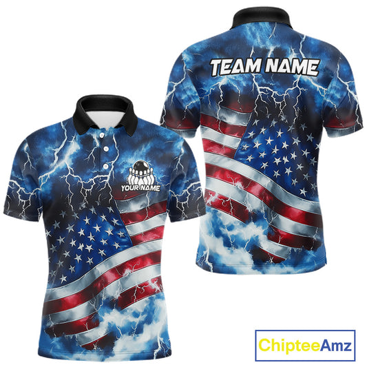Custom short-sleeve polo shirt with a US flag and lightning print, shown from the front and back. Features customizable text areas reading 'YOURNAME' on the chest and 'TEAM NAME' on the back, displayed on a white background with a ChipteeAmz logo in the corner.