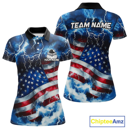 Custom short-sleeve polo shirt shown from the front and back, featuring a patriotic American flag design with lightning and storm clouds. The front has a black collar and a custom chest graphic, while the back has 'TEAM NAME' printed across the shoulders.