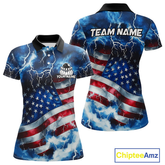 Custom short-sleeve polo shirt shown from the front and back, featuring a patriotic American flag design with lightning and storm clouds. The front has a black collar and a custom chest graphic, while the back has 'TEAM NAME' printed across the shoulders.