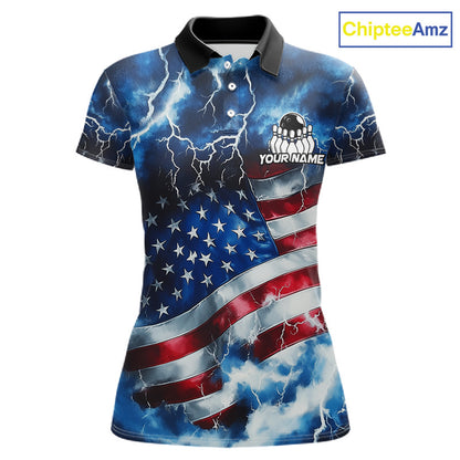 A women's short-sleeve polo shirt with a custom American flag design featuring lightning effects. The shirt has a black collar, a white button placket, and a customizable chest graphic with a bowling pin and the text 'YOUR NAME'.