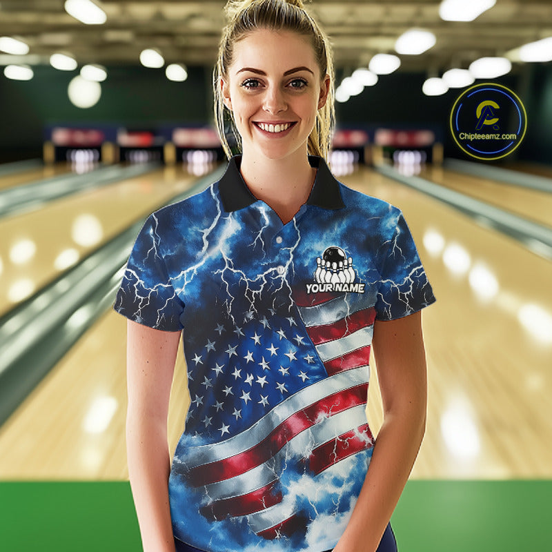 A woman standing in a bowling alley wearing a short-sleeve polo shirt with a blue lightning design, a distressed American flag pattern, and a customizable chest graphic. A 'ChipteeAmz' watermark is visible in the top right corner.