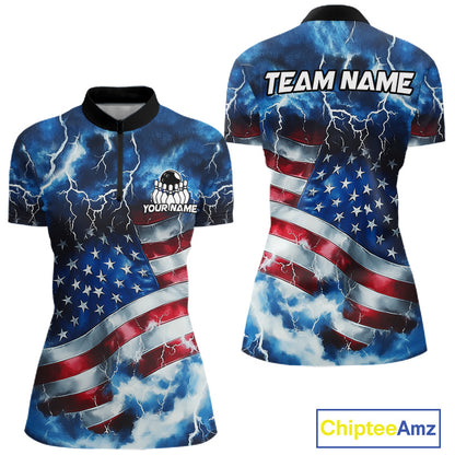 Front and back views of a women's short-sleeve polo shirt featuring a distressed American flag design with lightning and storm clouds. The front has a black collar and a small custom chest graphic, while the back has 'TEAM NAME' printed across the shoulders.