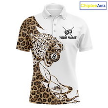 Load image into Gallery viewer, Front views of a white billiards polo with leopard-print panels, a roaring leopard graphic, custom team text, and 8-ball details.