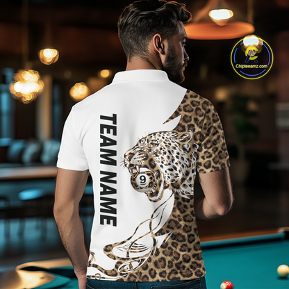Man wearing a white polo shirt with a leopard design and 'Team Name' text, standing in a pool hall.