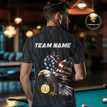 Load image into Gallery viewer, Men polo billiard shirt with American flag eagle 9 ball design and customizable text on a white background