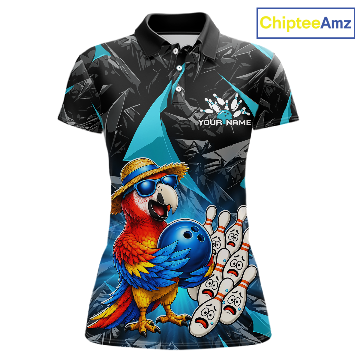 Polo shirt with a parrot design and bowling elements on a white background, branded 'ChipteeAmz'.