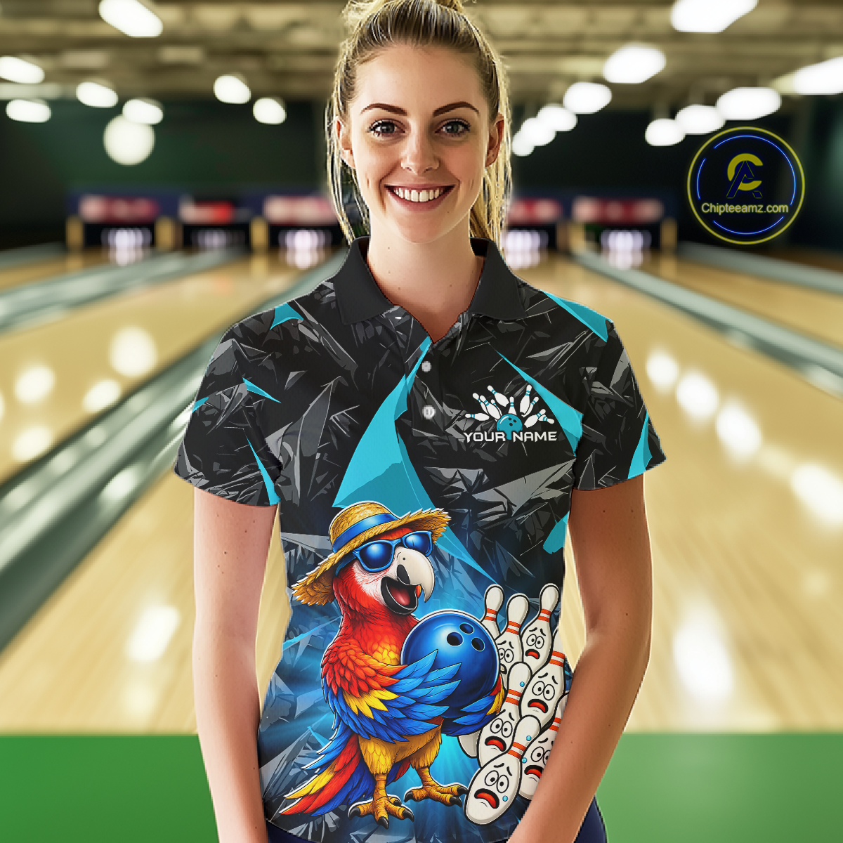 Woman wearing a colorful bowling shirt with a parrot design in a bowling alley.