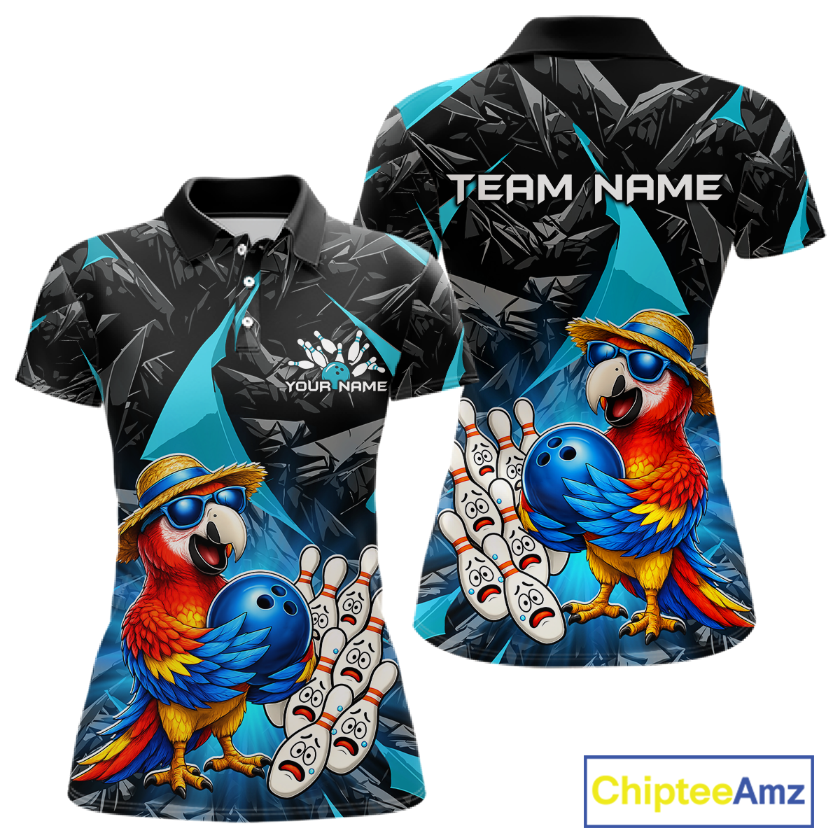 Colorful polo shirt with parrot design and customizable text on a white background