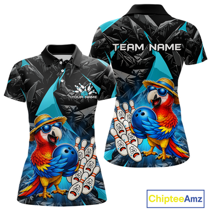 Colorful polo shirt with parrot design and customizable text on a white background
