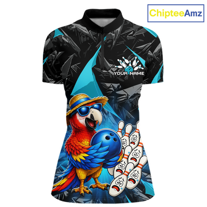 Colorful parrot design on a black and blue shirt with 'ChipteeAmz' branding.