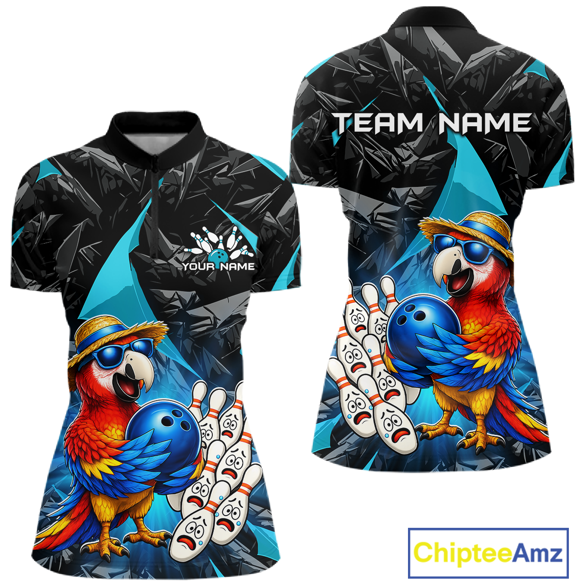 Colorful bowling shirt with parrot design and customizable text on a white background
