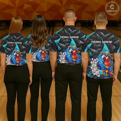 Four people wearing matching bowling shirts with colorful parrot designs on a bowling alley.