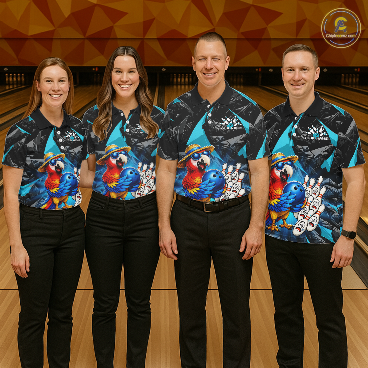 Four people wearing matching bowling shirts with a colorful design on a bowling alley.