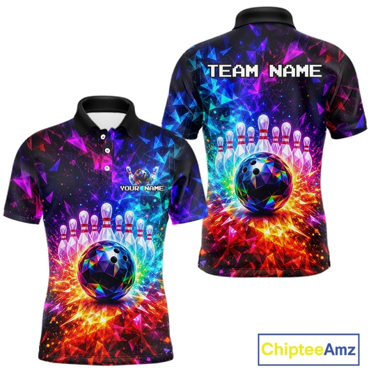 Colorful bowling-themed polo shirt with customizable text on a white background