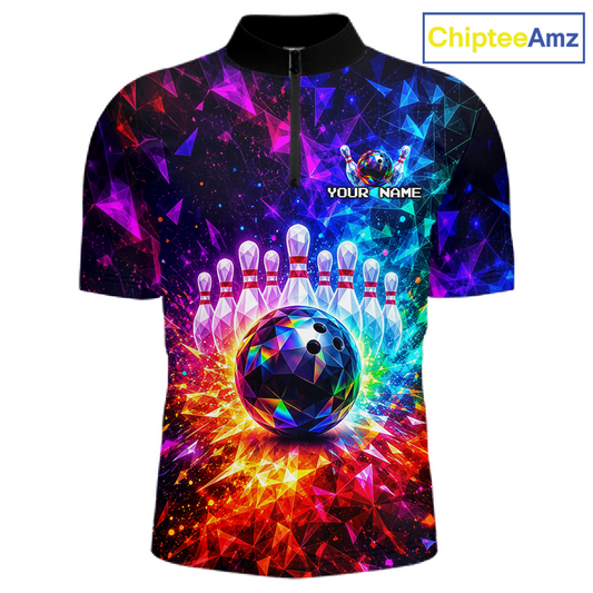 Colorful bowling-themed shirt with a rainbow bowling ball and pins design on a white background, featuring the brand 'ChipteeAmz'.