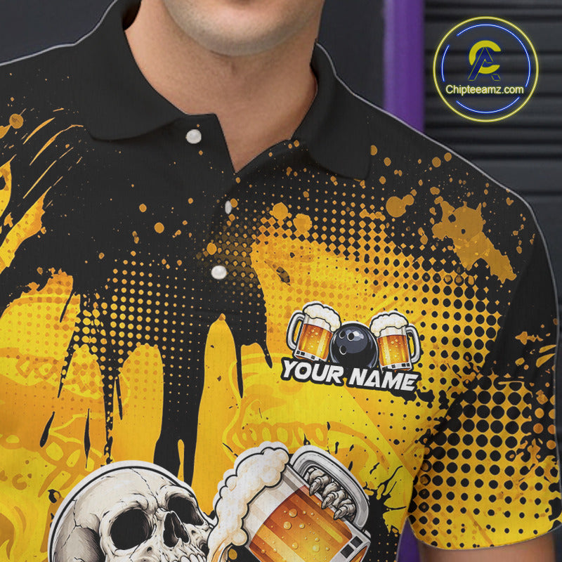A close-up of a person wearing a black and yellow graphic polo shirt with beer-themed designs, including mugs, a skull, and a billiard ball with the text 'YOUR NAME'.