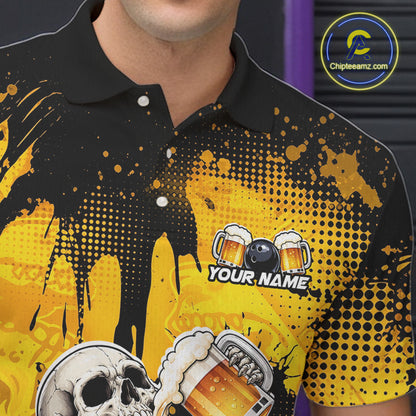 A close-up of a person wearing a black and yellow graphic polo shirt with beer-themed designs, including mugs, a skull, and a billiard ball with the text 'YOUR NAME'.