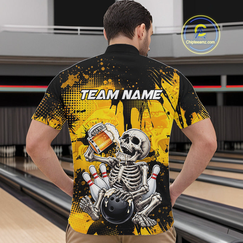 A man viewed from behind wearing a short-sleeve bowling-themed shirt with a yellow and black splatter design, a skeleton holding a bowling ball and beer glass, and the text 'TEAM NAME' across the upper back. Bowling lanes are visible in the background, and a 'ChipteeAmz'.