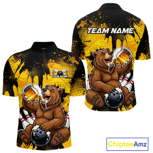 Custom Beer Bear Bowling Jersey for Men Bowling Team Shirts Bowling Polo & 1/4 Zip HNT265