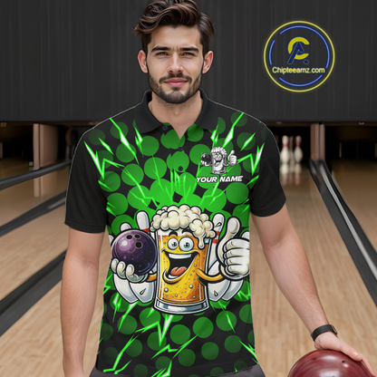 Custom Green Funny Beer Bowling Jersey for Men Bowling Team Shirts Polo & 1/4 Zip HNT187