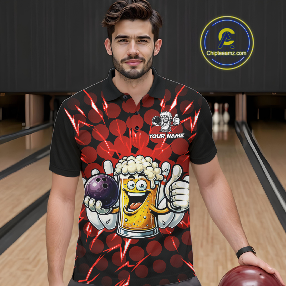 Custom Red Funny Beer Bowling Jersey for Men Bowling Team Shirts Polo & 1/4 Zip HNT187