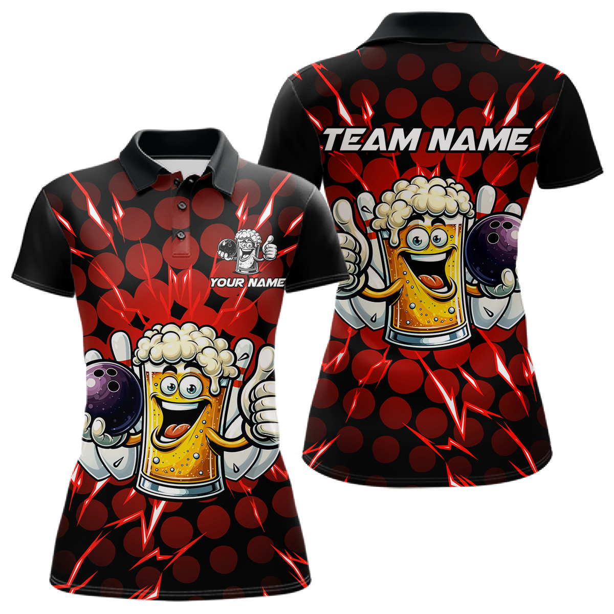 Custom Red Funny Beer Bowling Jersey for Women Bowling Team Shirts Polo & 1/4 Zip HNT187