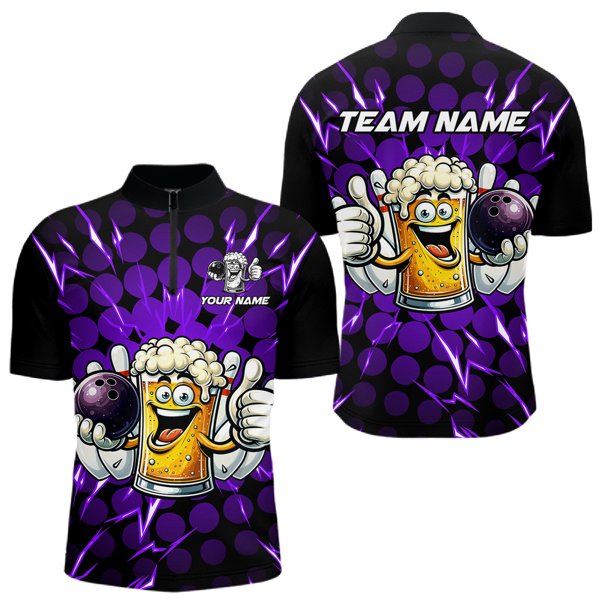 Custom Purple Funny Beer Bowling Jersey for Men Bowling Team Shirts Polo & 1/4 Zip HNT187