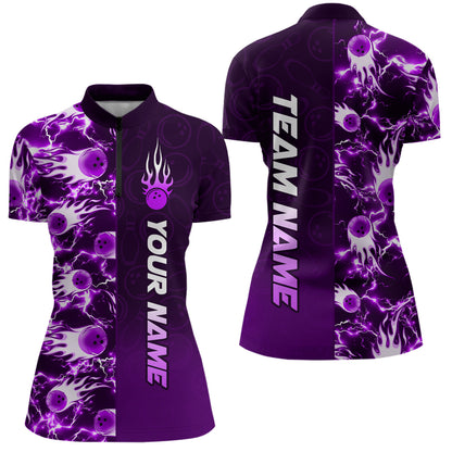 Bowling Quarter Zip Shirts For Women Custom Name Bowling Flame Lightning Team Jersey Shirt YYD0030