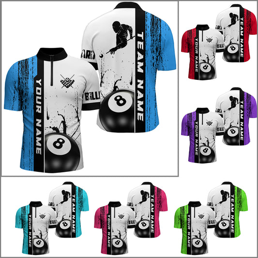 Ball 8 Grunge Ink Style Billiard Men Quarter-Zip Shirts Custom Name Billiard Shirt Colors YYD0069