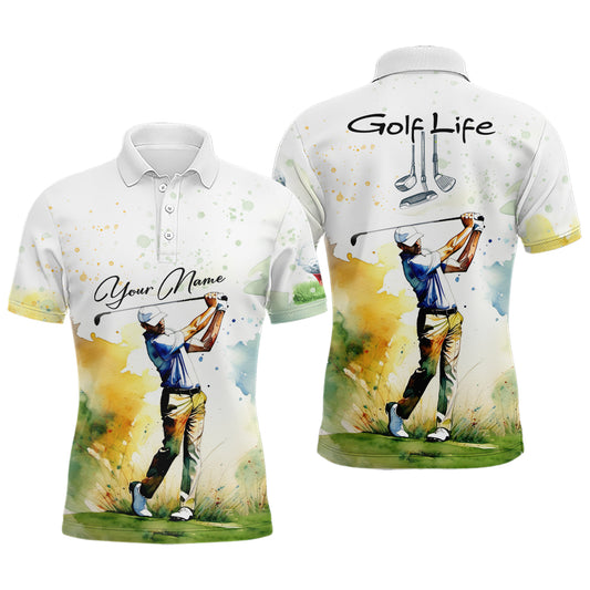 Golf Player Man Watercolor Golf Polo Shirts For Mens Custom Name, Golfer Watercolor Shirt Gifts YYD0051