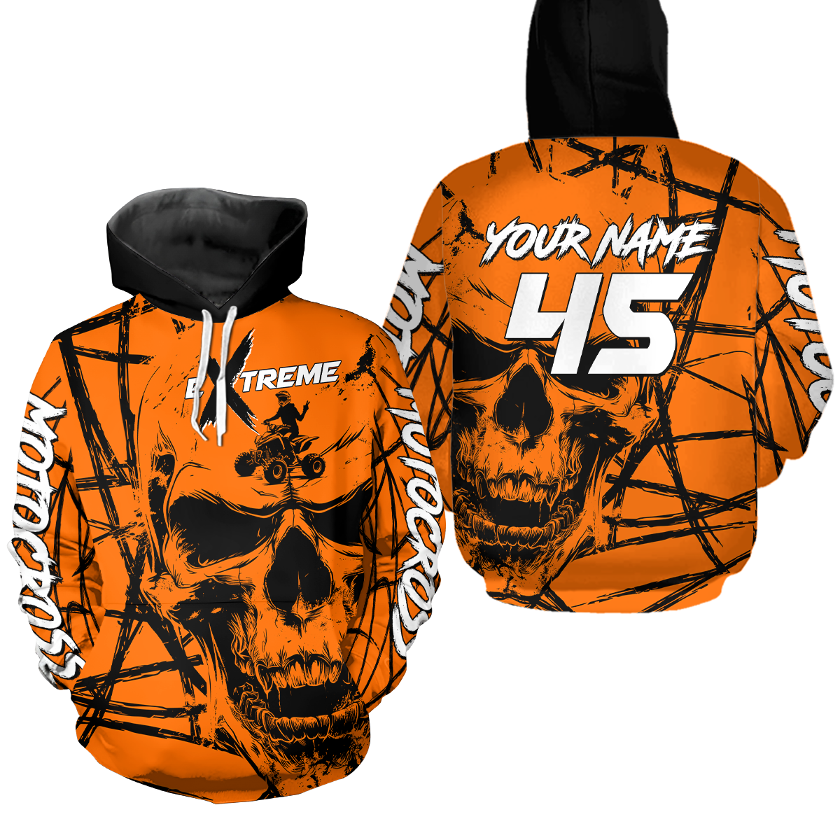 Skull Orange ATV Motocross Hoodie for Men Women Quad Shirt ATV Riding Hoodie MHATV24