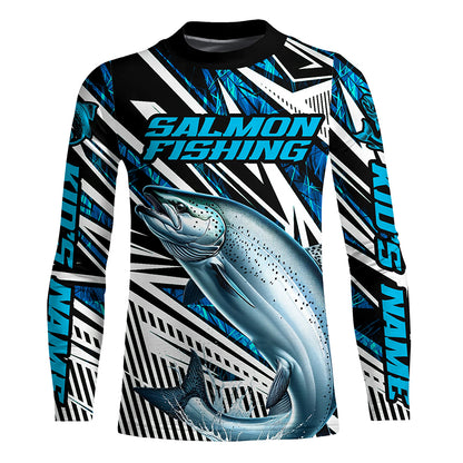 Salmon Fishing Custom Long Sleeve Performance Fishing Shirts, Blue Camo Salmon Fishing Jerseys IPHW6087