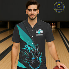 Load image into Gallery viewer, Custom Black And Blue Flame Bowling Tournament Men Hawaiian Shirts, Bowling Team Shirts IPHW6186