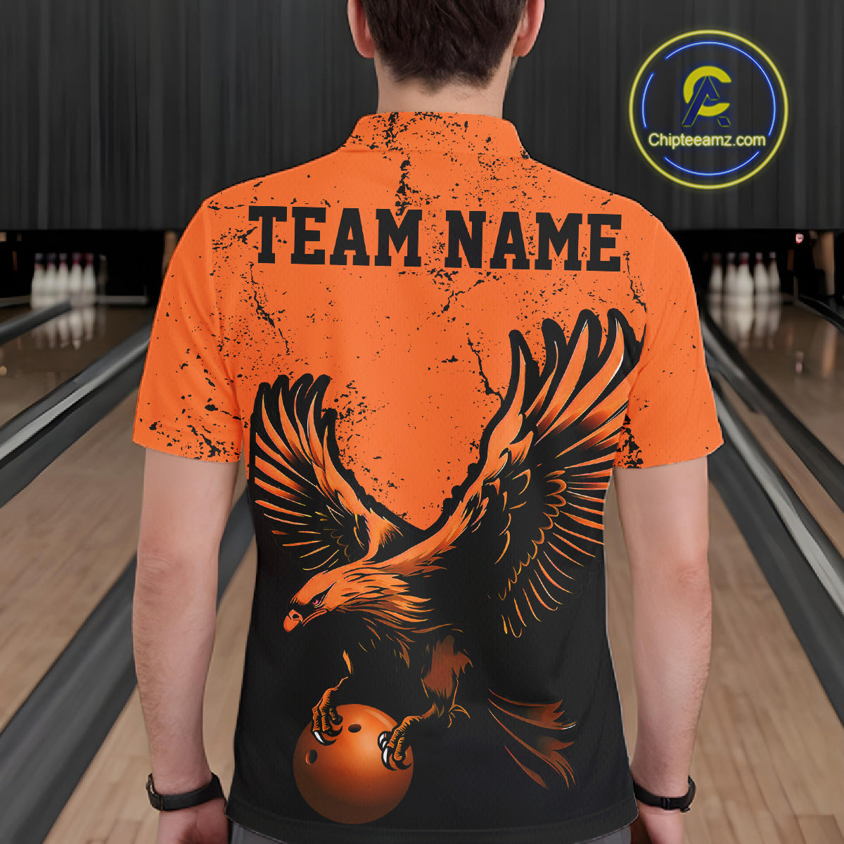 Custom Orange Eagle Men Bowling Polo Shirts Grunge Vintage Bowling Team Jerseys Bowlers Outfits IPHW5343
