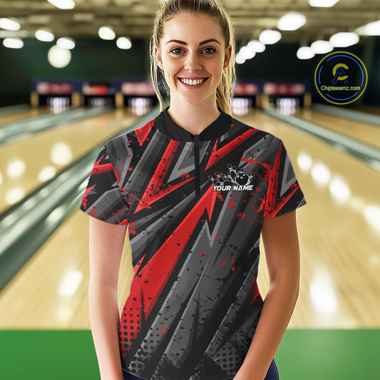 Custom Grunge Black And Red Cobra Snake Bowling Women Quarter-Zip Shirts With Team Name IPHW9027