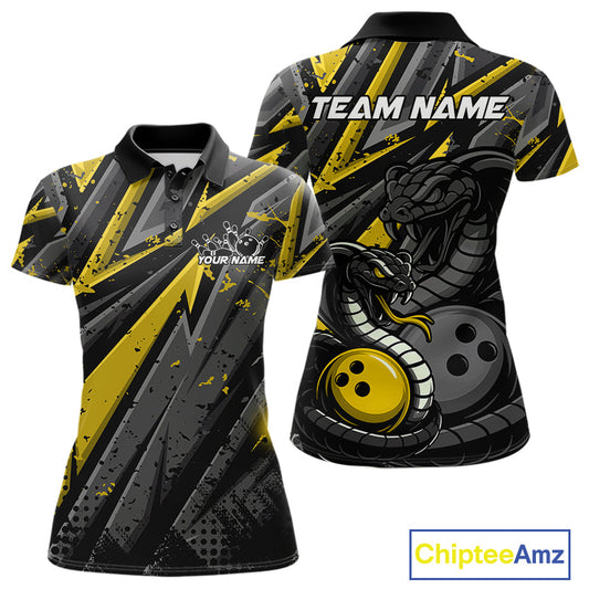 Custom Grunge Black And Yellow Cobra Snake Bowling Women Polo Shirts With Team Name IPHW9028