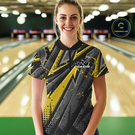 Custom Grunge Black And Yellow Cobra Snake Bowling Women Quarter-Zip Shirt With Team Name IPHW9028