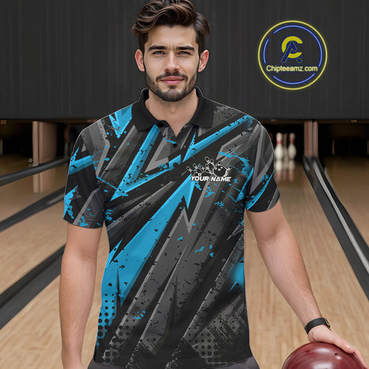 Custom Grunge Black And Blue Cobra Snake Bowling Men Polo Shirts With Team Name For Bowlers IPHW9029