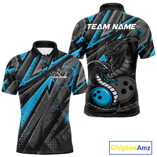 Custom Grunge Black And Blue Cobra Snake Bowling Men Polo Shirts With Team Name For Bowlers IPHW9029