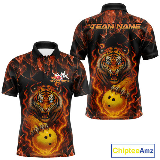 Custom Fire Flame Tiger Bowling Team Polo Shirts For Men, Tournament Bowling Outfit IPHW9037