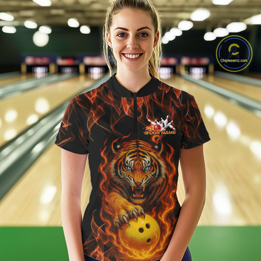 Custom Fire Flame Tiger Bowling Team Women Quarter-Zip Shirt, Tournament Bowling Outfit IPHW9037