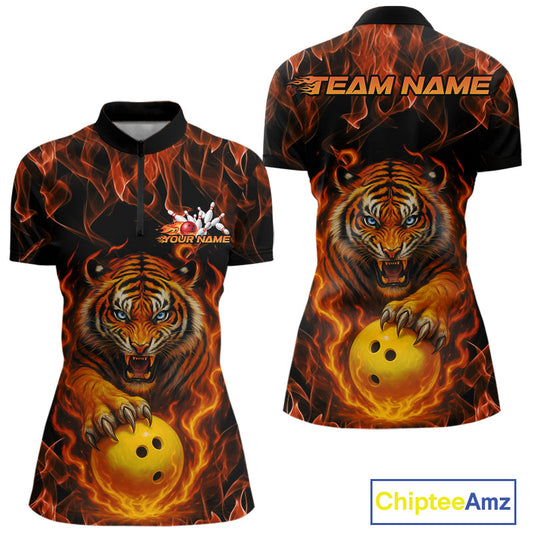 Custom Fire Flame Tiger Bowling Team Women Quarter-Zip Shirt, Tournament Bowling Outfit IPHW9037